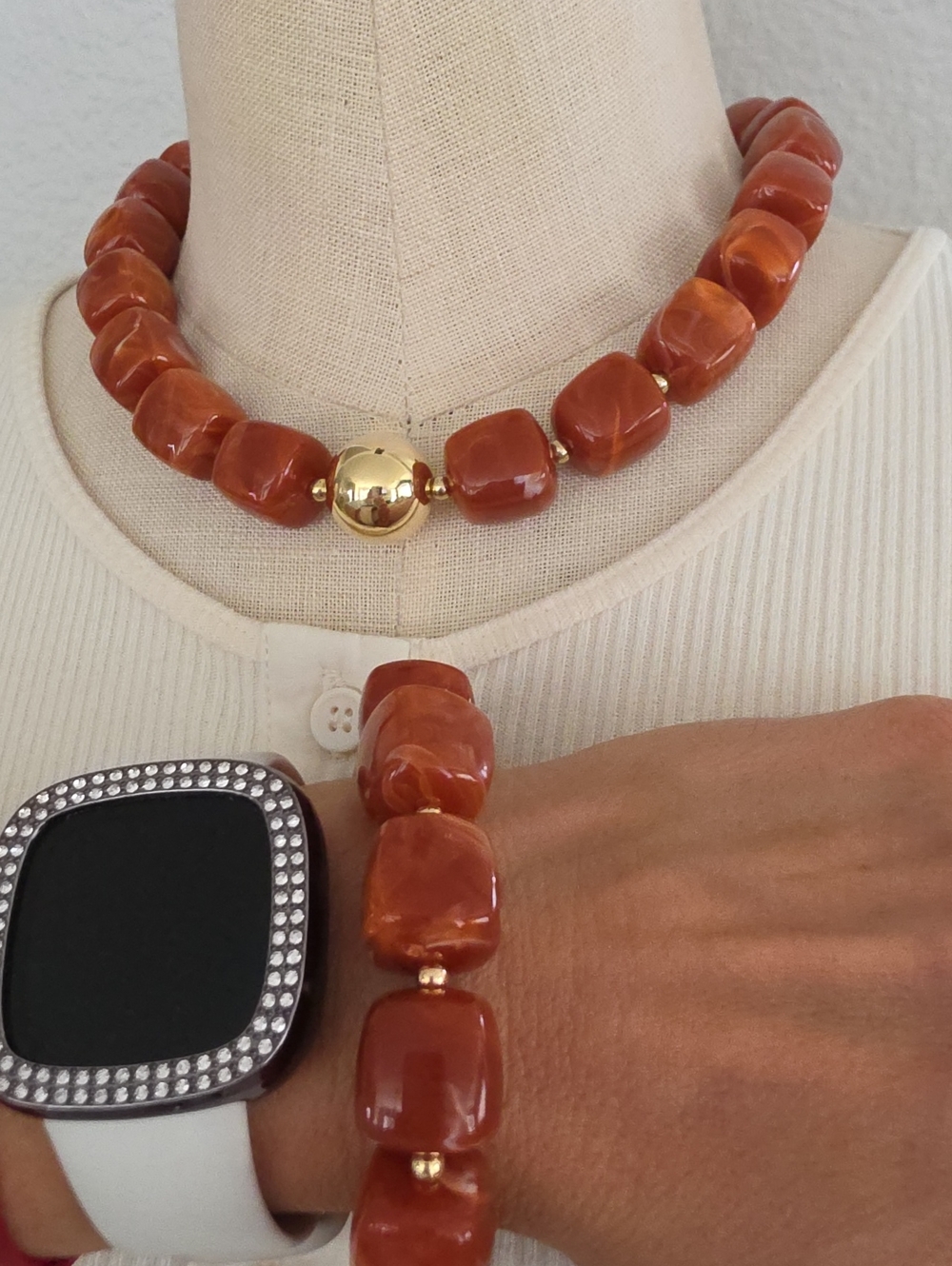 Gold Accent Carnelian-Style Bead Necklace in Warm Orange